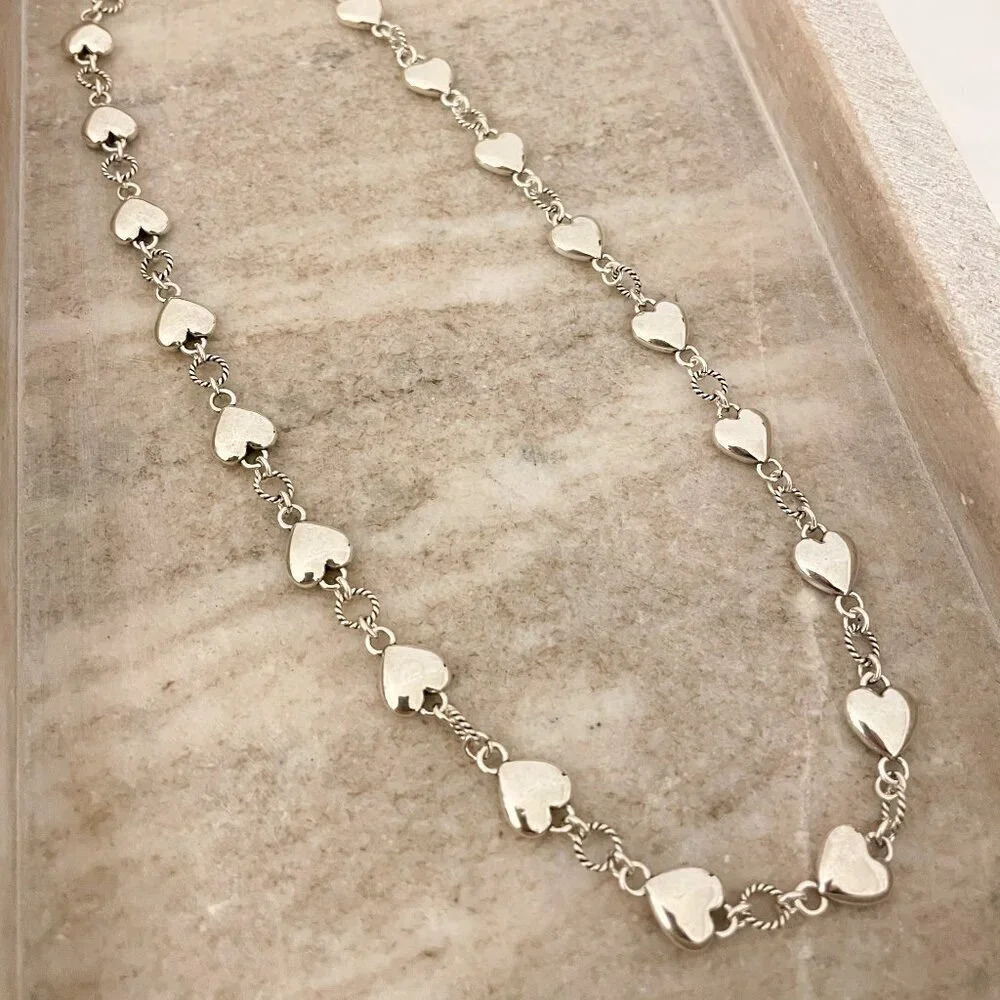 925 Sterling Silver Chunky Heart Necklace Heart Link Necklace Choker Necklace - Picture 2 of 5